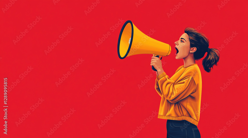 Young Woman Shouting Through a Megaphone on a Vibrant Red Background Young Woman Shouting Through a Megaphone on a Vibrant Red Background