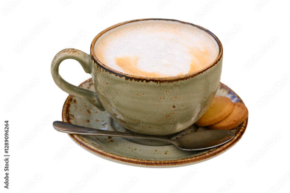 Perfectly crafted cappuccino served in a rustic cup with delicate cookies on a warm plate Perfectly crafted cappuccino served in a rustic cup with delicate cookies on a warm plate
