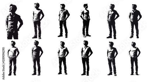 12 silhouettes d'hommes debout en tenue décontractée, formes vectorisées n&b