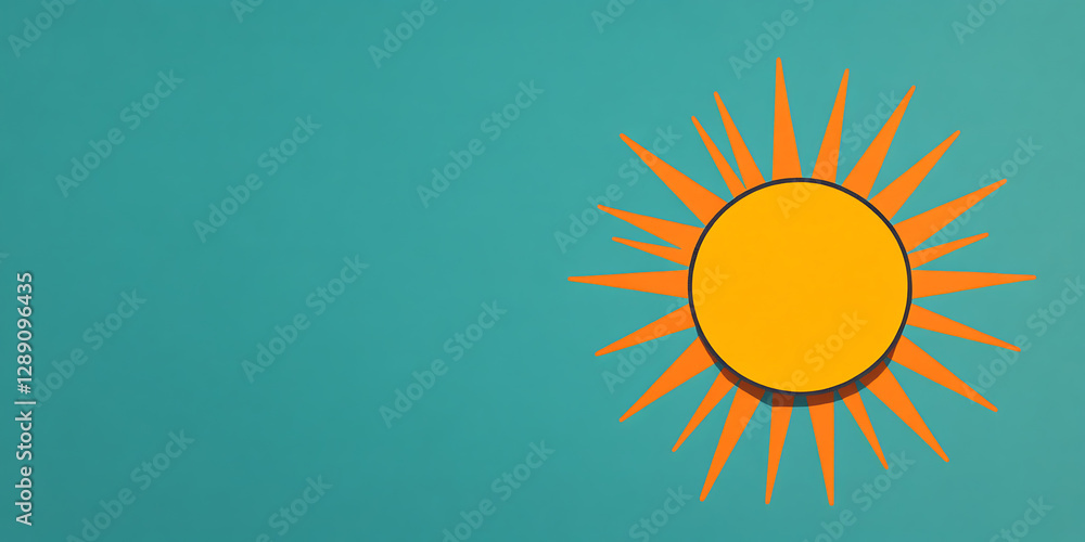 Fototapeta premium A vibrant, stylized sunburst radiates energy against a cool aqua backdrop. The design evokes warmth and positivity.