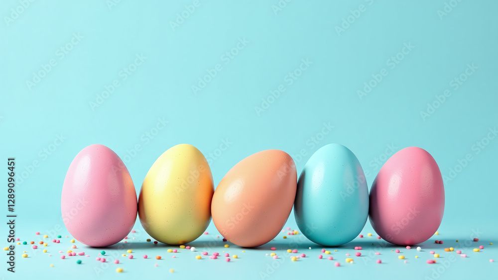 colorful easter eggs sit light blue background sprinkles surrounded empty colorful easter eggs sit light blue background sprinkles surrounded empty