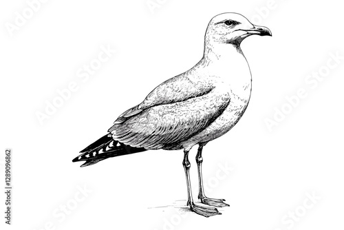 Hand-drawn black sketch seagull, antique style, vintage wildlife illustration, aquatic animal vector, old engraving print design, rodent, art for nature lovers, bird artwork