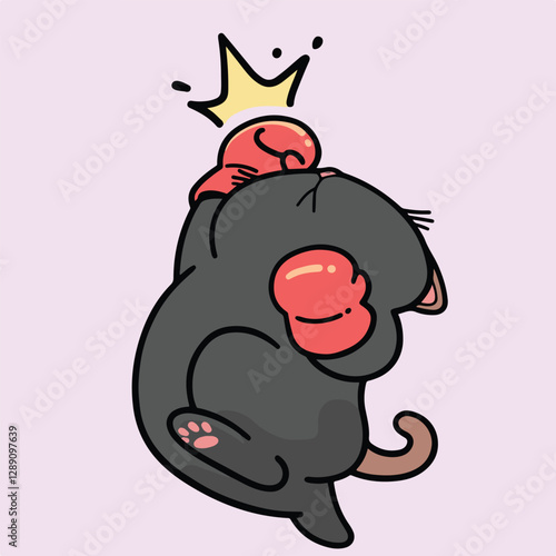 Cute cartoon black cat wearing red boxing gloves, punching with an uppercut that signifies a crushing defeat. Minimalist design with soft pastel colors.