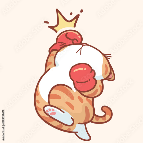 Cute cartoon orange cat wearing red boxing gloves, punching with an uppercut that signifies a crushing defeat. Minimalist design with soft pastel colors.