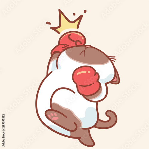 Cute cartoon seal pointed cat wearing red boxing gloves, punching with an uppercut that signifies a crushing defeat. Minimalist design with soft pastel colors.