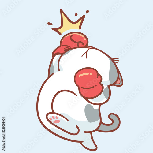 Cute cartoon gray and white cat wearing red boxing gloves, punching with an uppercut that signifies a crushing defeat. Minimalist design with soft pastel colors.