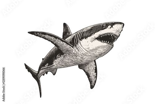Hand-drawn shark illustration, black sketch, vintage engraving style, animal print, trendy art, retro design, ocean life, white background, artistic print.