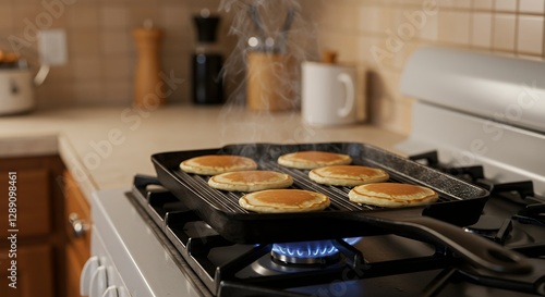 Cooking Pancakes on a Grill Pan with Gas Stove Flame