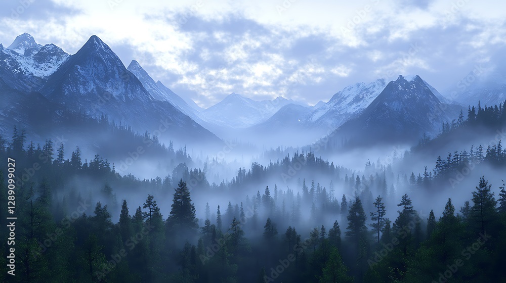 Mystic morning mountains, foggy forest, photo-realistic scenic view Mystic morning mountains, foggy forest, photo-realistic scenic view