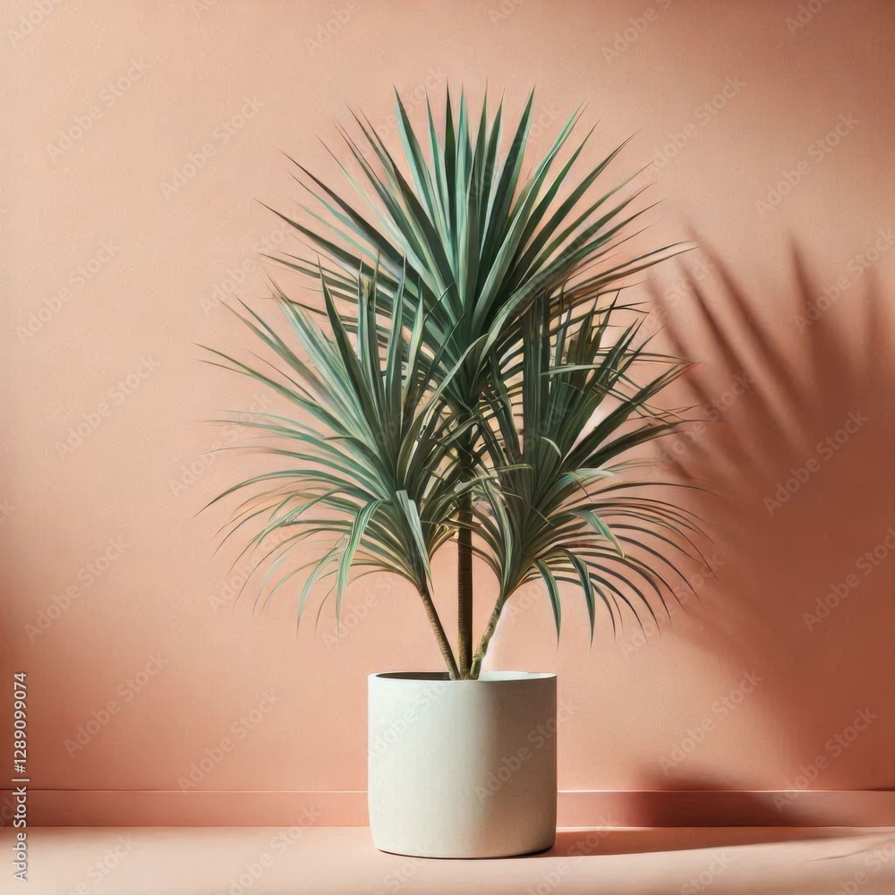 A pastel peach wall with a dracaena marginata tree in a minimalistic white planter in the bottom right corner 2 A pastel peach wall with a dracaena marginata tree in a minimalistic white planter in the bottom right corner 2