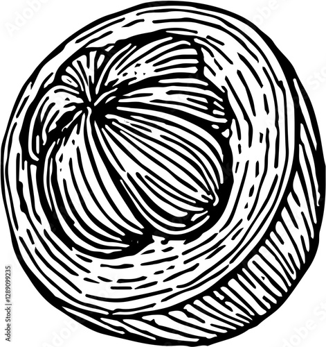 Fruit. Hand drawn vector isolated engraved sketch. Mangosteen 