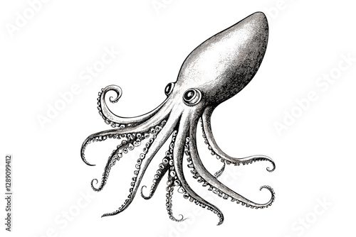 Squid animal print in hand-drawn vintage style, black sketch effect, trendy illustration, white background, classic engraving, marine life art, nautical sketch, aquatic design.