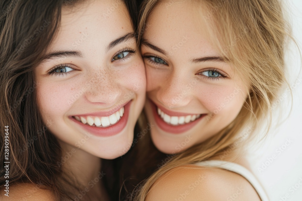 Young girls with distinctive freckle patterns, smiling and posing together Young girls with distinctive freckle patterns, smiling and posing together