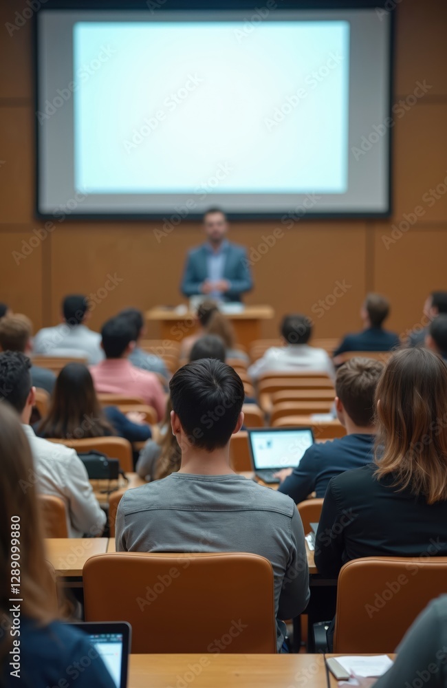 Obraz premium Students attend lecture in hall. Professor gives presentation on screen. Modern classroom with tech. Higher education, career growth in university. Group of scholars learn together. Audience in