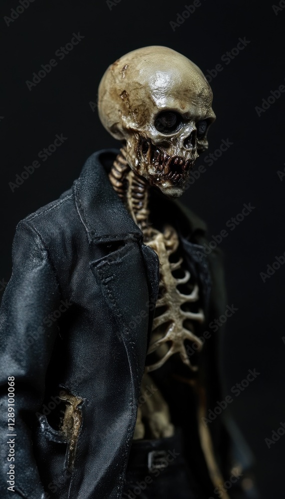 Skeleton figure in a dark coat, a detailed close-up showcasing the skull and ribcage. Skeleton figure in a dark coat, a detailed close-up showcasing the skull and ribcage.