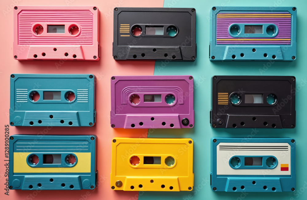 Collection of vibrant, retro cassette tapes. Nostalgic array of 80s, 90s audio artifacts. Colorful plastic design, music culture trend. Iconic stereo sound media objects, vintage style for music Collection of vibrant, retro cassette tapes. Nostalgic array of 80s, 90s audio artifacts. Colorful plastic design, music culture trend. Iconic stereo sound media objects, vintage style for music