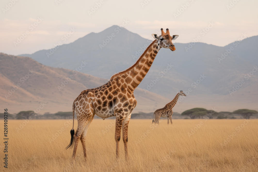 Obraz premium A giraffe stands in a field of tall grass, looking out over the mountains