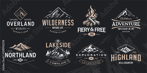 Adventure theme vintage badge logo collection. Retro set mountain illustration logo with typography. Outdoor mountains Summer Camp badges or Patches. vector emblem designs. Great for shirts 