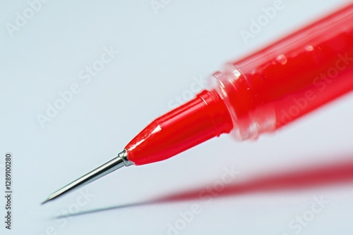 A close-up view of a red pen lying on a white background, ideal for use in designs and compositions where a pop of color is needed