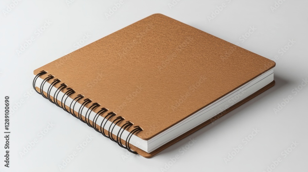 A light brown spiral-bound notebook with sharp corners resting on a white background A light brown spiral-bound notebook with sharp corners resting on a white background