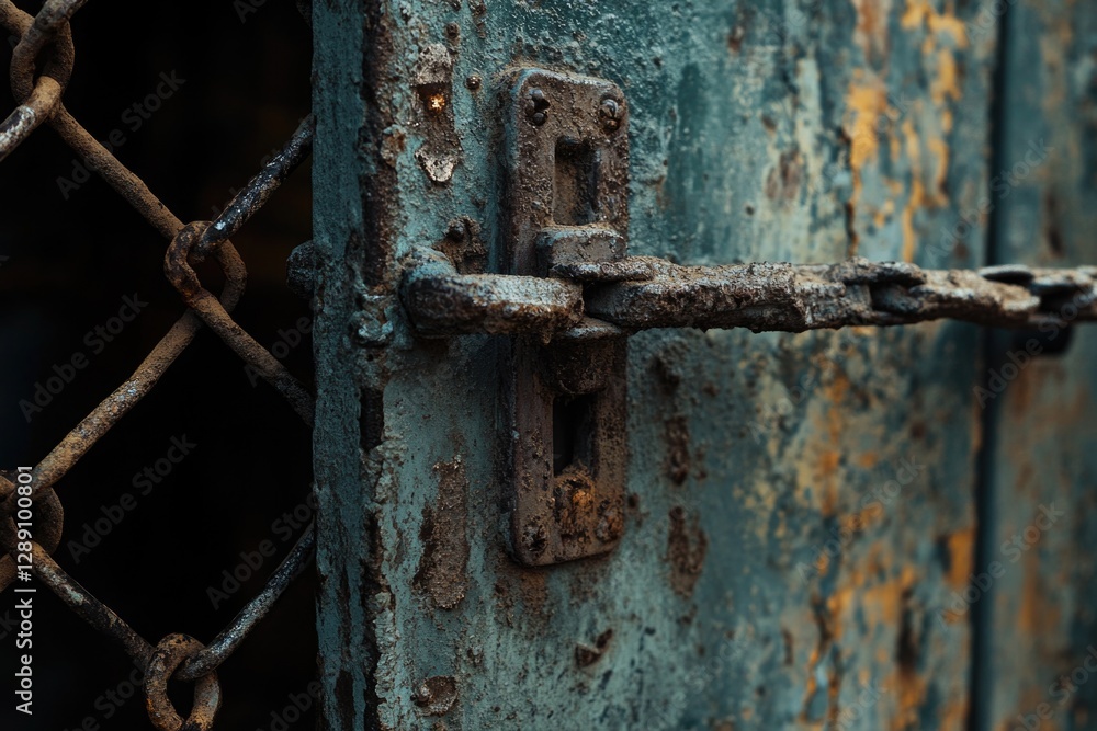 A detailed view of a chain lock securing a door, suitable for use in various scenarios A detailed view of a chain lock securing a door, suitable for use in various scenarios