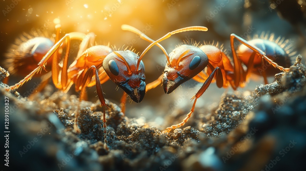 Two red ants face off, mandibles locked, in a close-up shot showcasing intricate details and texture. Two red ants face off, mandibles locked, in a close-up shot showcasing intricate details and texture.
