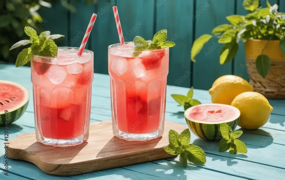 Two glasses of a refreshing summer drink with mint and fruit, sitting on a sunny table Two glasses of a refreshing summer drink with mint and fruit, sitting on a sunny table