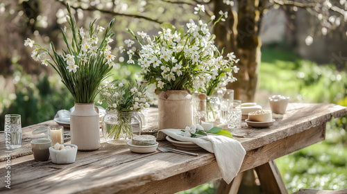 Spring outdoor table with early flowers, vintage tableware, and soft sunlight creating a cozy, elegant atmosphere.