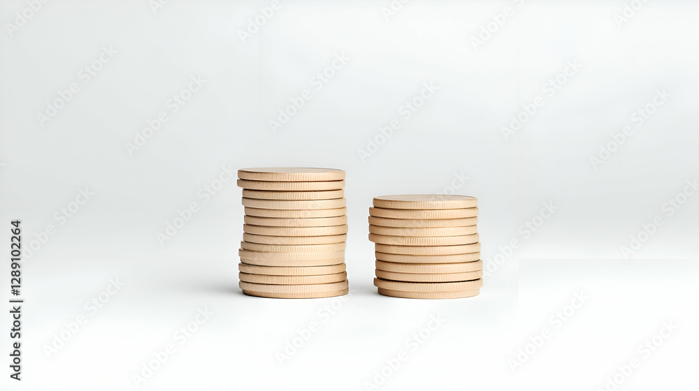 Two Stacks of Light Beige Wooden Discs on White Background Two Stacks of Light Beige Wooden Discs on White Background