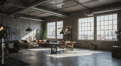 Fototapeta Naklejka Na Ścianę i Meble -  Spacious loft apartment with concrete walls, modern furniture and city view