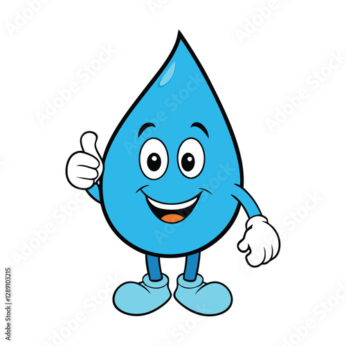 A cheerful cartoon water drop with big, shiny eyes and a wide smile gives a thumbs-up, radiating positivity and freshness. Its smooth, blue body glistens like pure water.