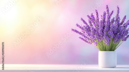 Lavender bouquet in white vase on table, soft background, relaxation, spa