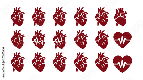 Anatomical Heart Vector Icons Set – Medical, Cardiology, Healthcare, ECG, Human Heart Illustrations