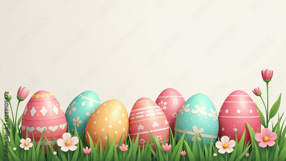 Fototapeta premium realistic painted eggs happy easter scene grass flowers rabbit details vector