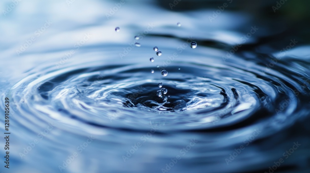 A close-up of water droplets creating ripples on a serene blue surface. A close-up of water droplets creating ripples on a serene blue surface.