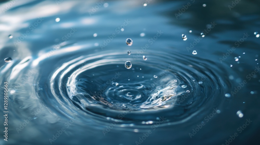 A close-up view of water droplets creating ripples in a serene blue water surface, capturing the beauty of nature's dynamics.