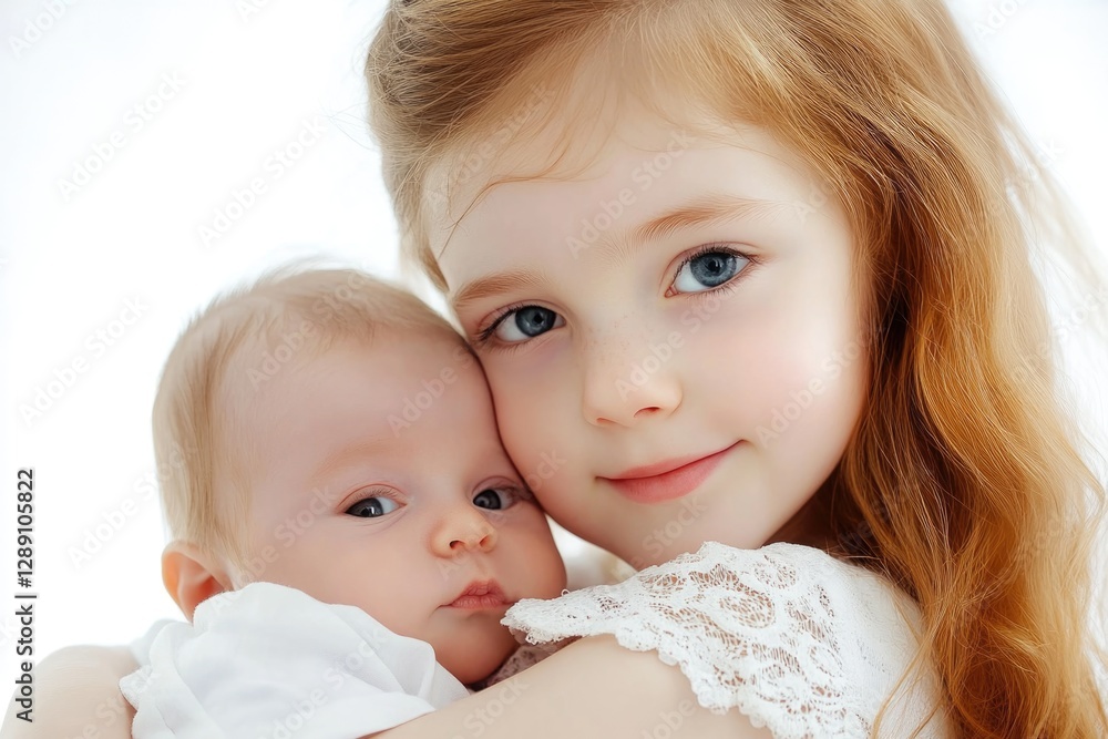 A young girl cradles a baby in her arms, a tender moment of love and care A young girl cradles a baby in her arms, a tender moment of love and care