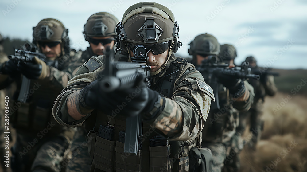 Focused Squad: Armed personnel advancing. Camouflaged soldiers in formation, weapons ready. Teamwork in challenging environment. Intense, ready for action. Focused Squad: Armed personnel advancing. Camouflaged soldiers in formation, weapons ready. Teamwork in challenging environment. Intense, ready for action.