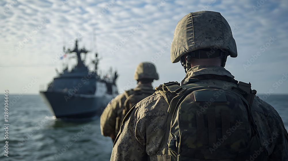 Fototapeta premium Soldiers observe a patrol boat, focusing on maritime security. The troops are in full uniform, against a backdrop of sea and sky during a naval exercise.