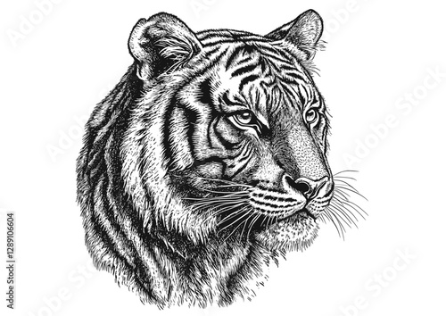 Hand-drawn tiger in vintage style, wildlife illustration, black sketch effect, trendy wall decor, nature-inspired art, animal art, old engraving style, wildlife decor, artistic tiger sketch.