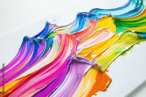 swirling rainbow ribbons cascading over a pristine white canvas vivid liquid hues dynamic motion bright glossy finish playful abstract vibrancy photo