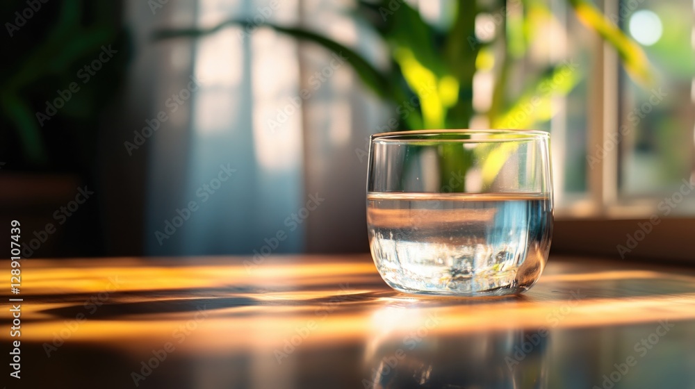 A clear glass filled with water placed on a table surface A clear glass filled with water placed on a table surface