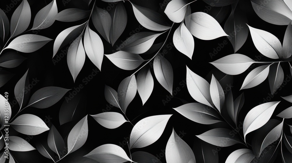 Elegant monochrome leaves pattern on a dark background, creating a sophisticated and modern atmosphere. Elegant monochrome leaves pattern on a dark background, creating a sophisticated and modern atmosphere.
