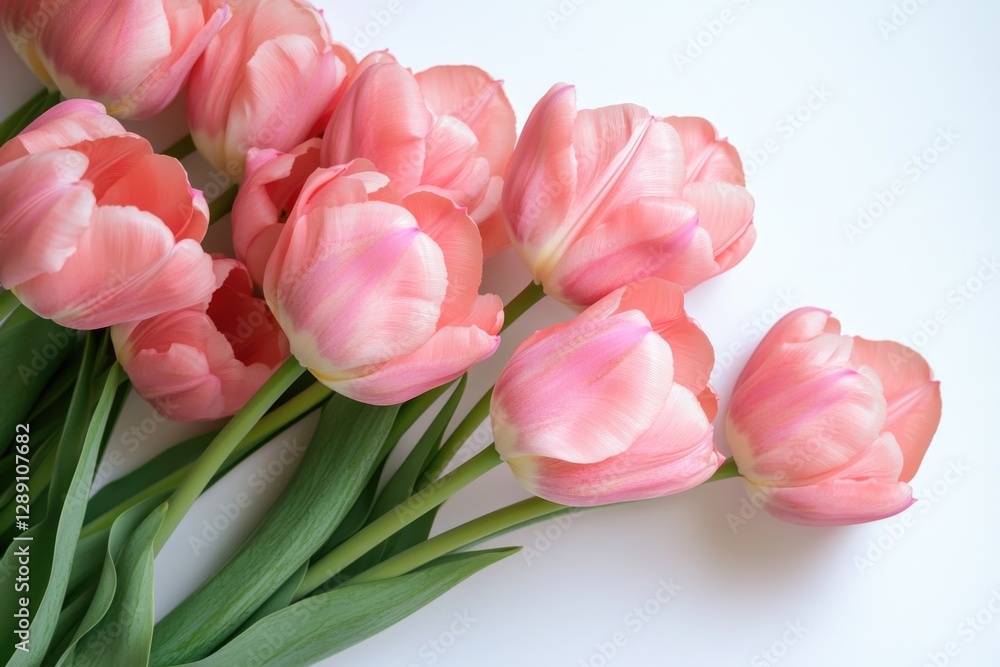 Fototapeta premium A bouquet of fresh pink tulips placed on a clean white surface