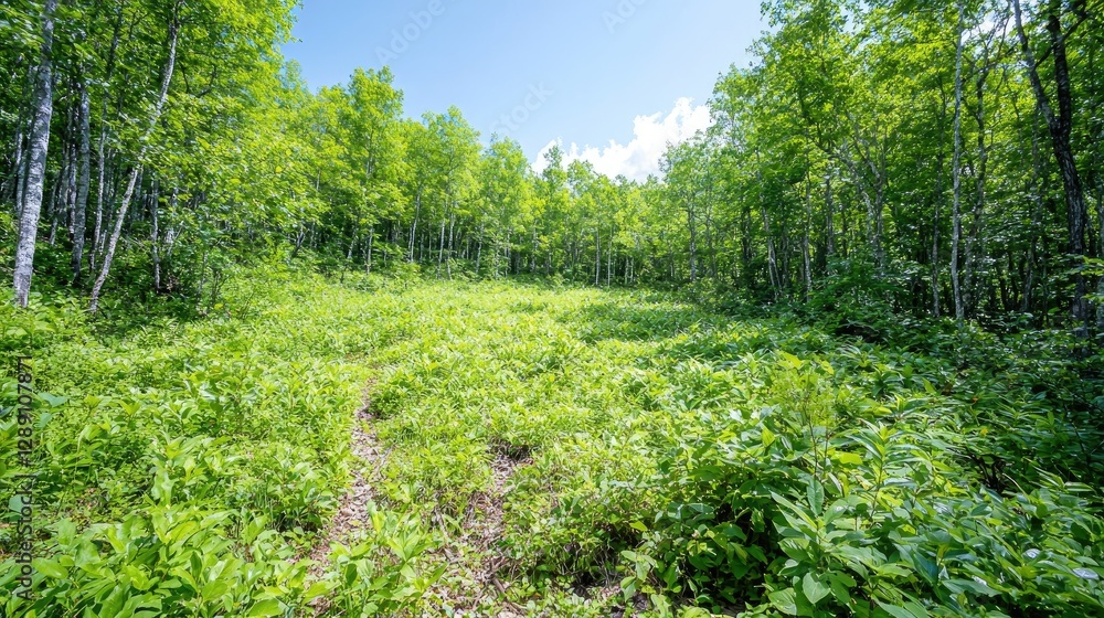 Lush green forest path, summer day, sunlight, foliage, nature walk Lush green forest path, summer day, sunlight, foliage, nature walk