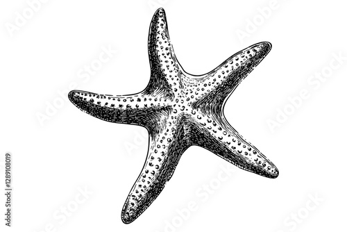 Vintage starfish illustration in old engraving style, hand-drawn with black sketch effect on white background, trendy wildlife art, coastal decor, marine-inspired print.