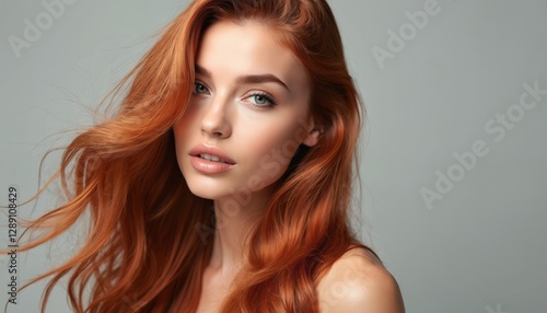 Isolated woman with copper colored hair with coppery glow. Lady with long red dyed hair, perfect skin, beauty make-up. Female is young, attractive, caucasian with shiny gloss coiffure.