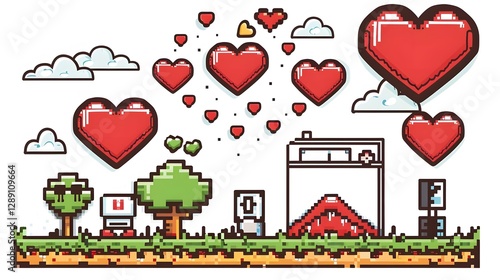 nostalgic pixel hearts and 8bit video game elements on bright white background. generative ai