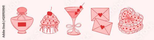 Coquette aesthetic Girly red stickers and cliparts in hand drawn Retro style