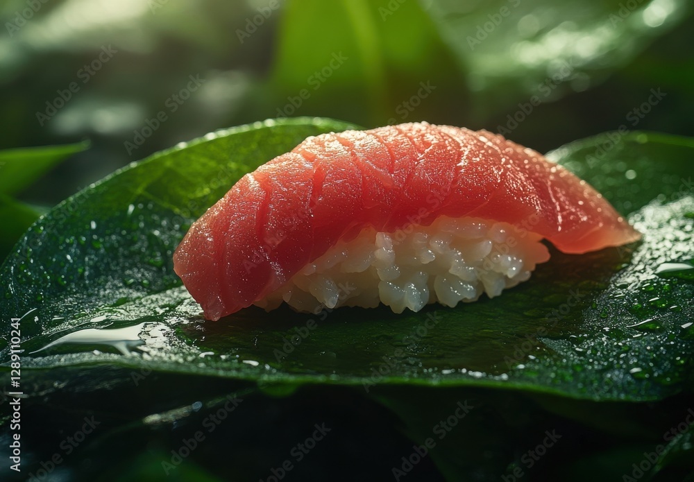 Fresh sushi piece on green leaf with soft lighting, showcasing fine details of fish texture and rice, capturing a harmonious natural presentation Fresh sushi piece on green leaf with soft lighting, showcasing fine details of fish texture and rice, capturing a harmonious natural presentation